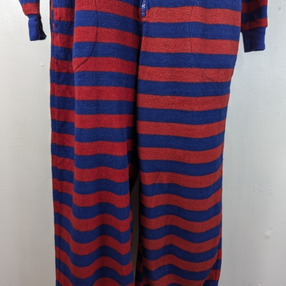 Nick & Nora Red/Blue Stripes Adult Monkey Sock One Piece Pajama Full Zipper - Picture 4 of 14